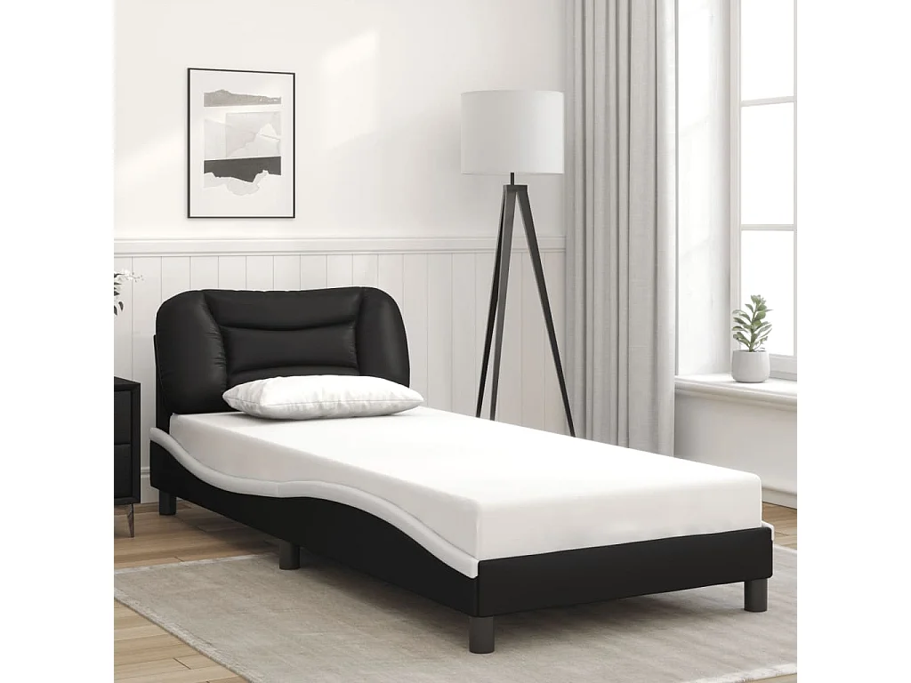 Lit simple | Lit adulte, enfant | Cadre de lit noir et blanc 90x190 cm similicuir