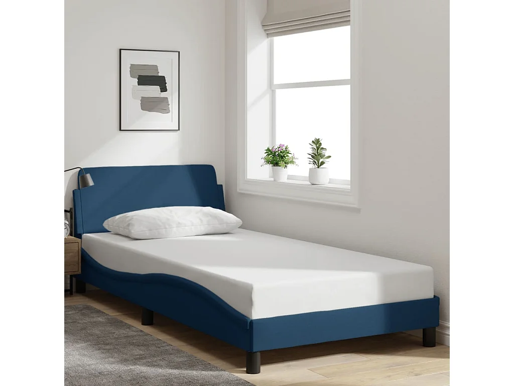 Lit simple | Lit adulte, enfant | Cadre de lit avec tête de lit bleu 100x200cm tissu