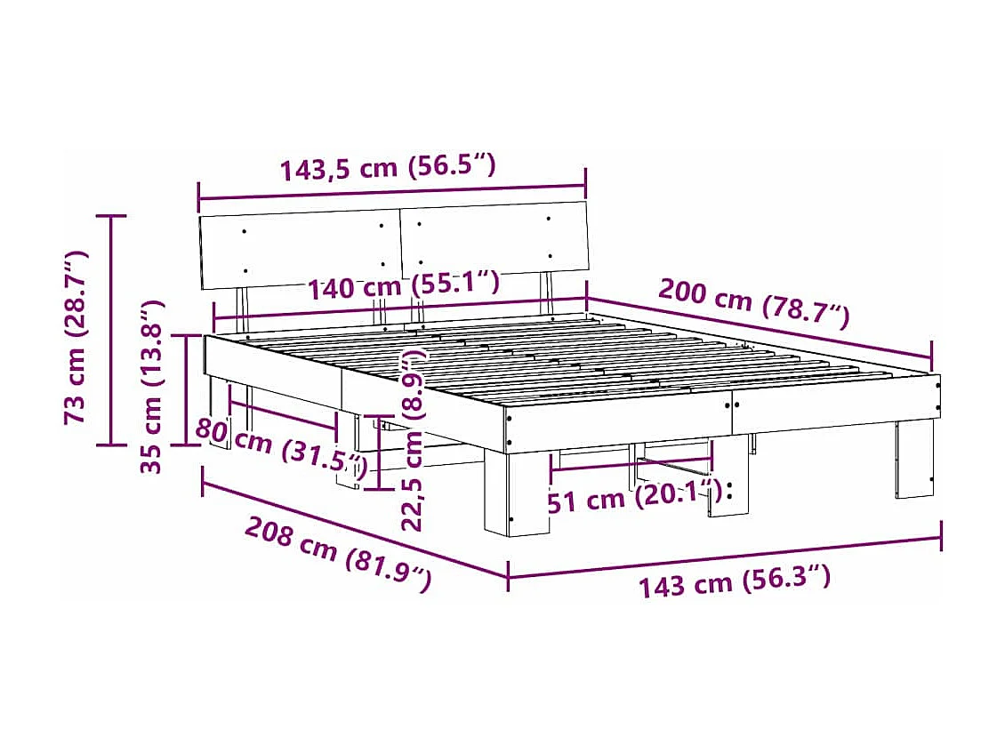 Lit double | Lit adulte | Cadre de lit Marron 140x200 cm Bois massif en pin