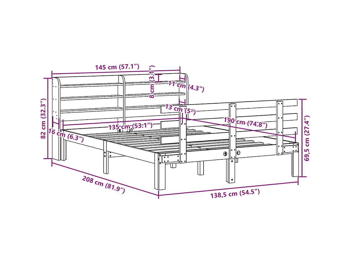 Letto per adulti | Letto matrimoniale | Giroletto con Testiera 135x190 cm in Legno Massello di Pino