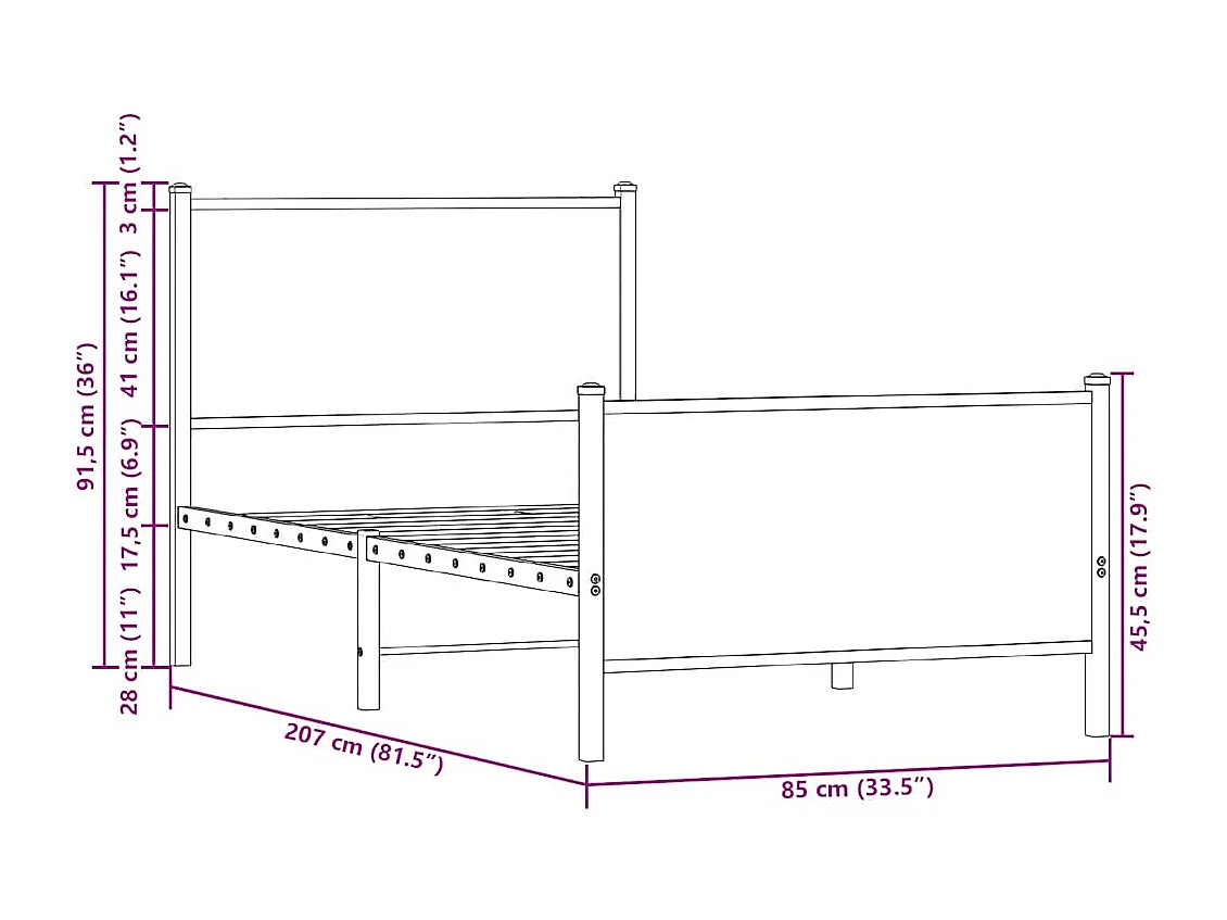 Lit simple | Lit adulte, enfant | Cadre de lit en métal chêne fumé 80x200 cm