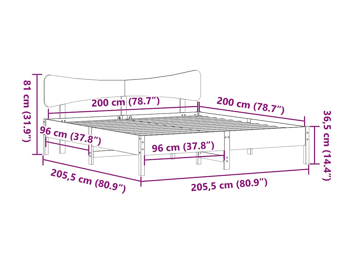 Lit double | Lit adulte | Cadre de lit blanc 200x200 cm bois massif de pin