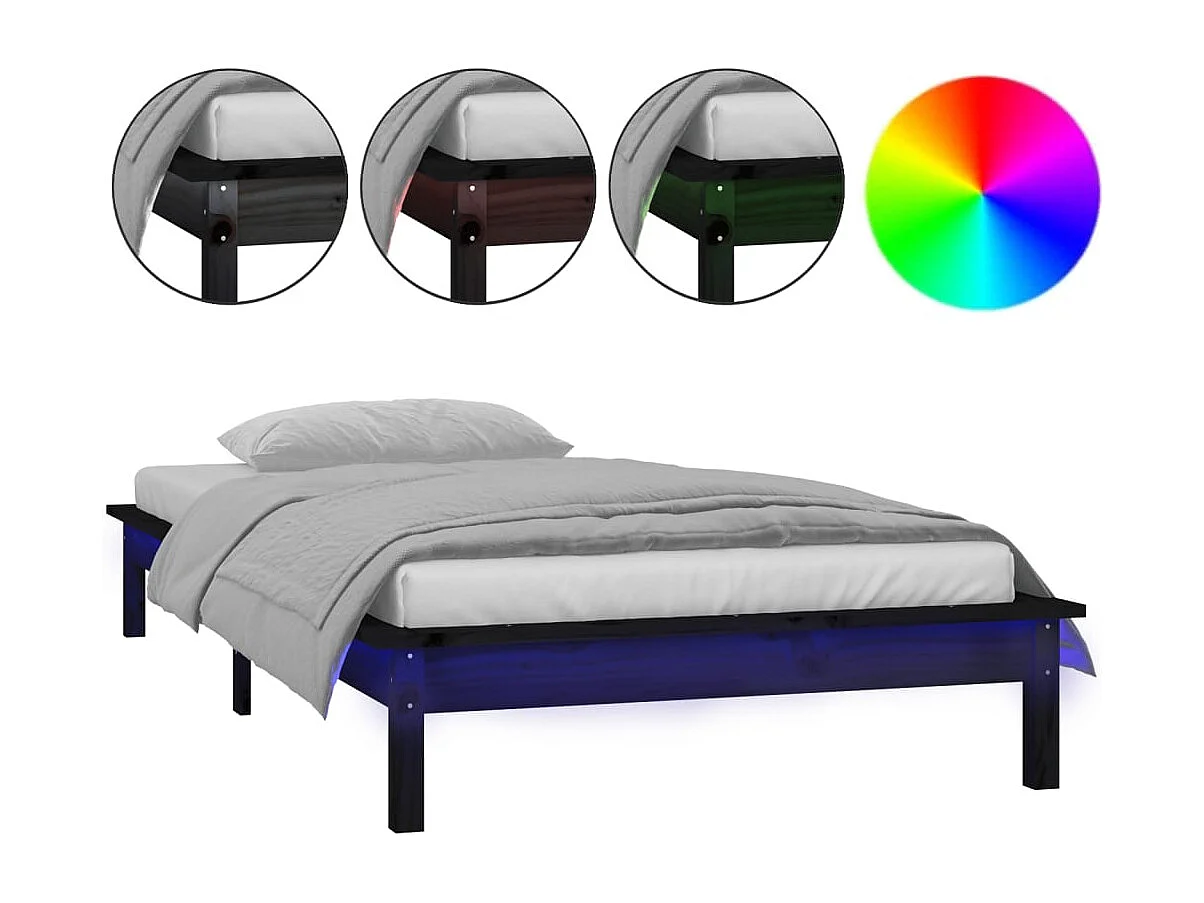 Lit simple | Lit adulte, enfant | Cadre de lit à LED noir 75x190 cm bois massif