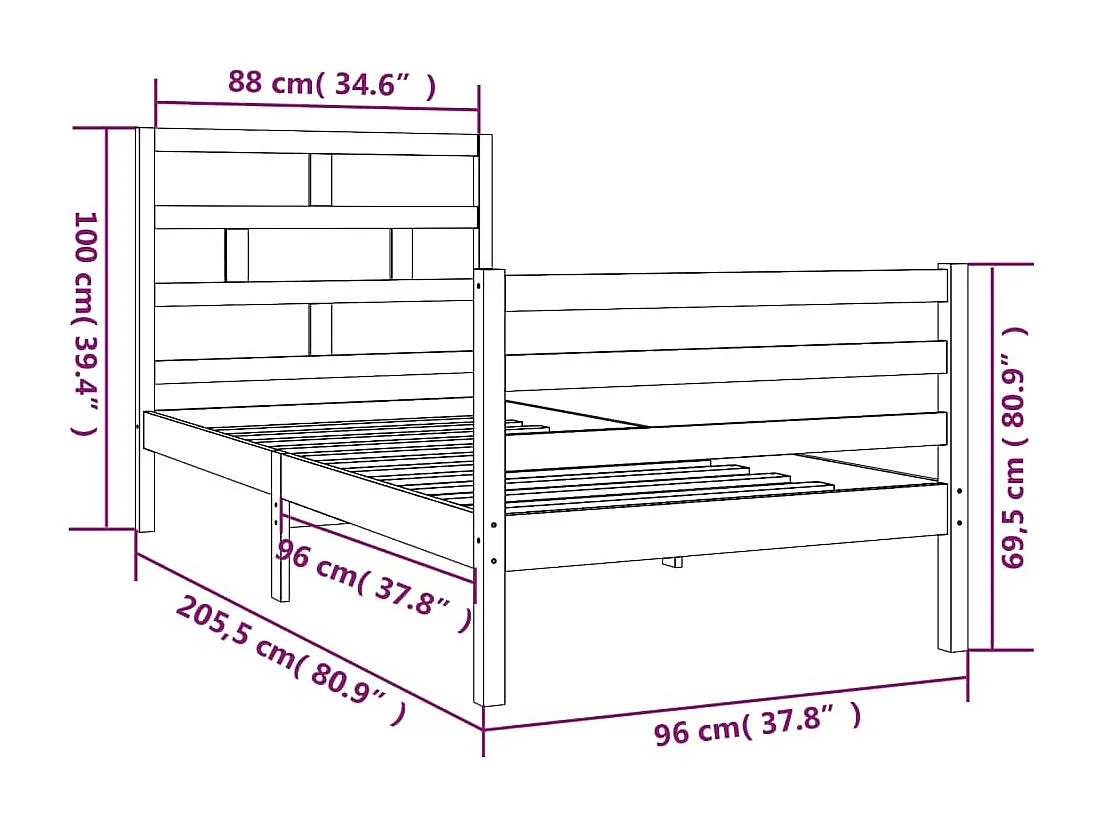 Lit simple | Lit adulte, enfant | Cadre de lit blanc bois massif 90x200 cm