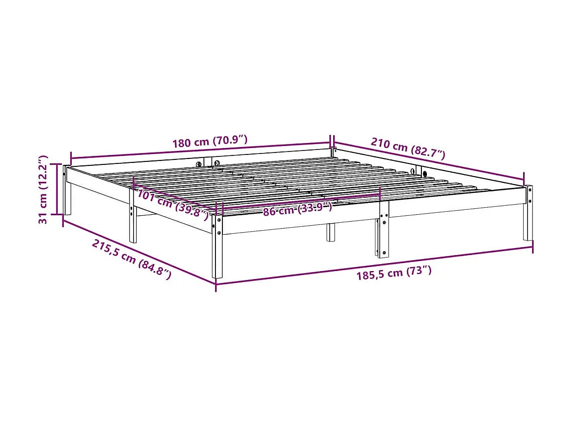 Lit double | Lit adulte | Cadre de lit extra long 180x210 cm bois massif pin