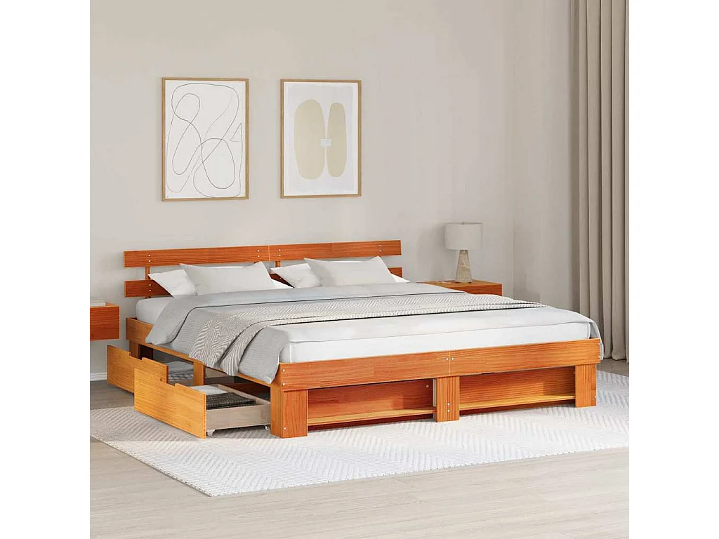 Lit double | Lit adulte | Cadre de lit Marron cire 200x200 cm Bois massif en pin