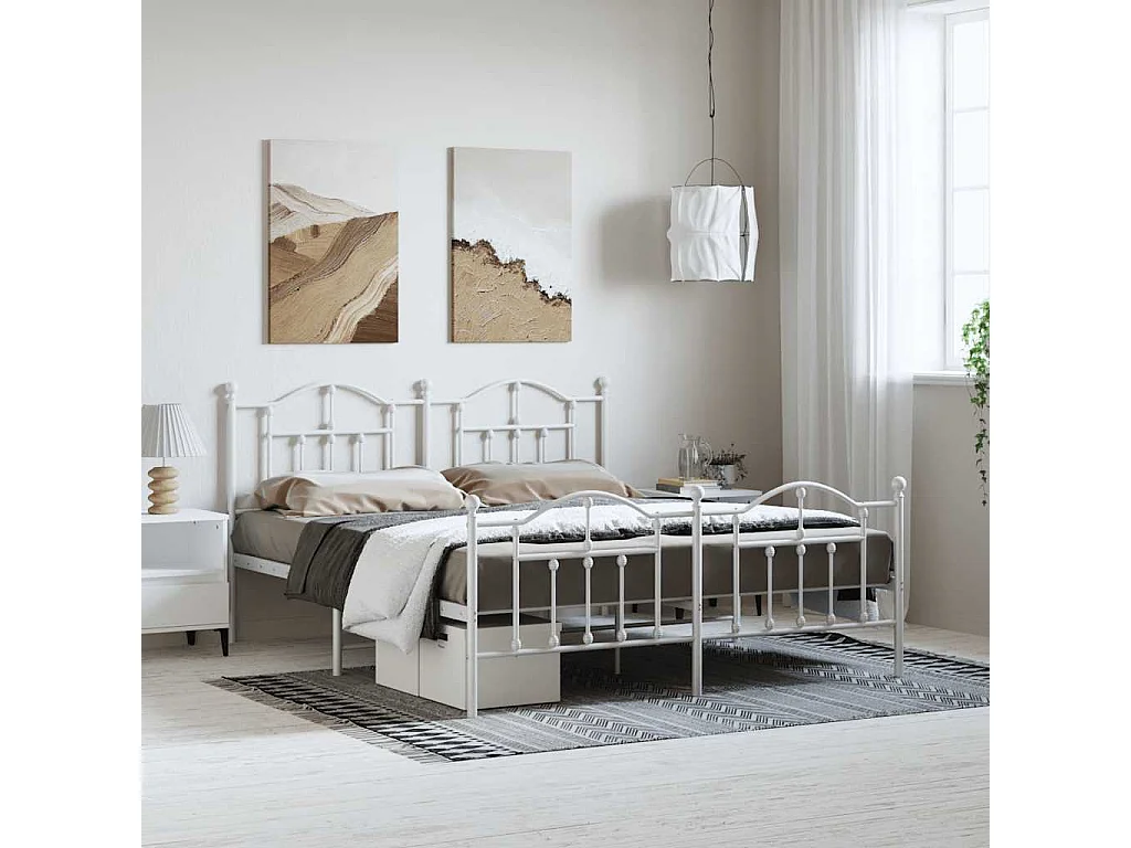 Lit double | Lit adulte | Cadre de lit métal et pied de lit blanc 183x213 cm