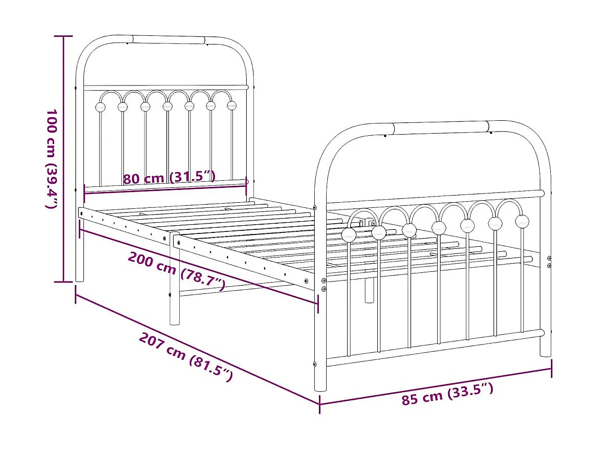 Lit simple | Lit adulte, enfant | Cadre de lit métal avec pied de lit noir 80x200 cm