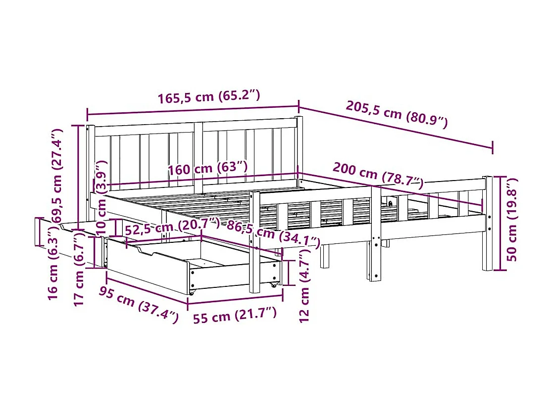 Lit double | Lit adulte | Cadre de lit 160x200 cm bois massif de pin