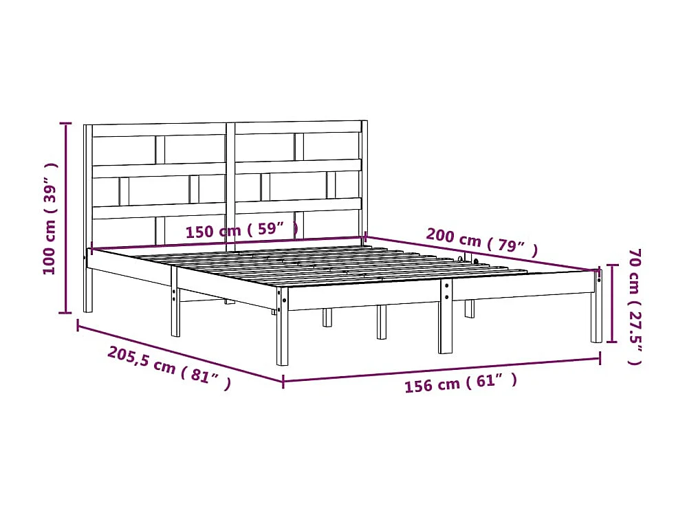 Lit double | Lit adulte | Cadre de lit noir bois massif 150x200 cm