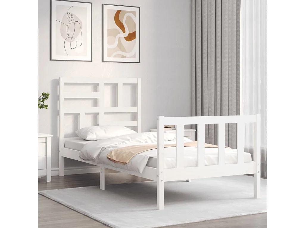 Lit simple | Lit adulte, enfant | Cadre de lit blanc bois de pin massif 75x190 cm