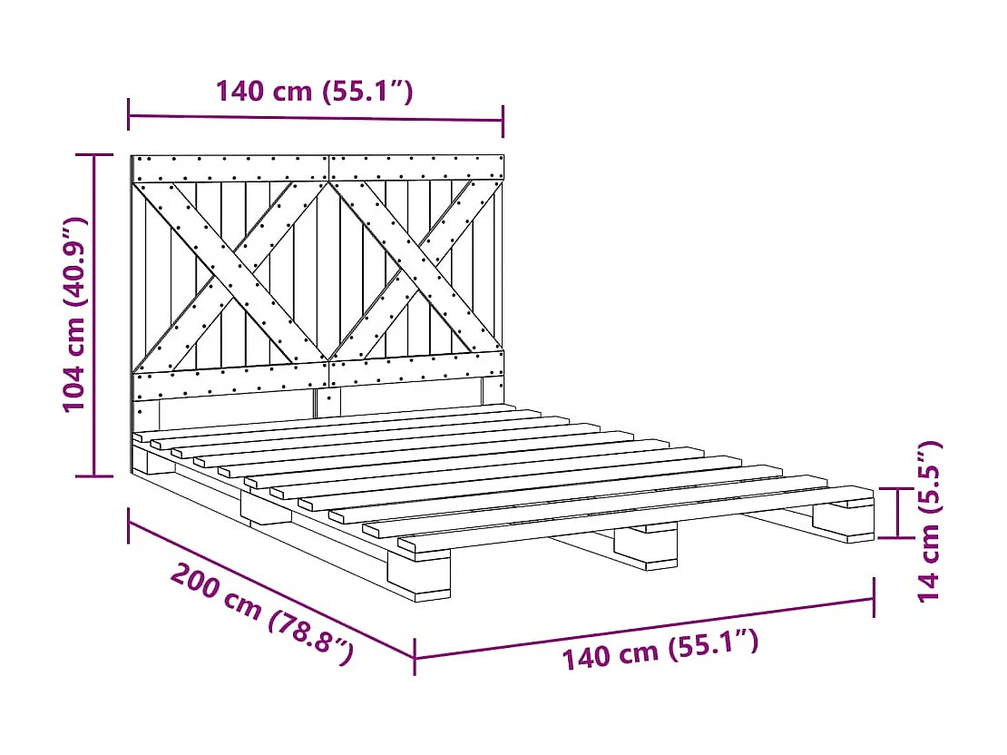 Lit double | Lit adulte | Cadre de lit gris 140x200 cm bois massif de pin