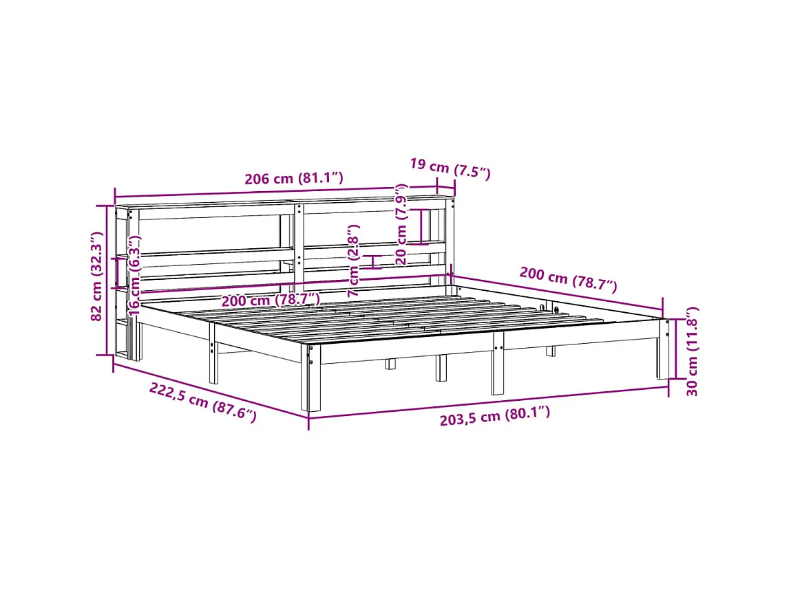 Letto per adulti | Letto matrimoniale | Giroletto con Testiera 200x200 cm in Legno Massello di Pino