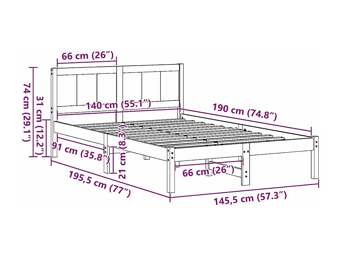 Lit double | Lit adulte | Cadre de lit Blanc 140x190 cm Bois de pin massif