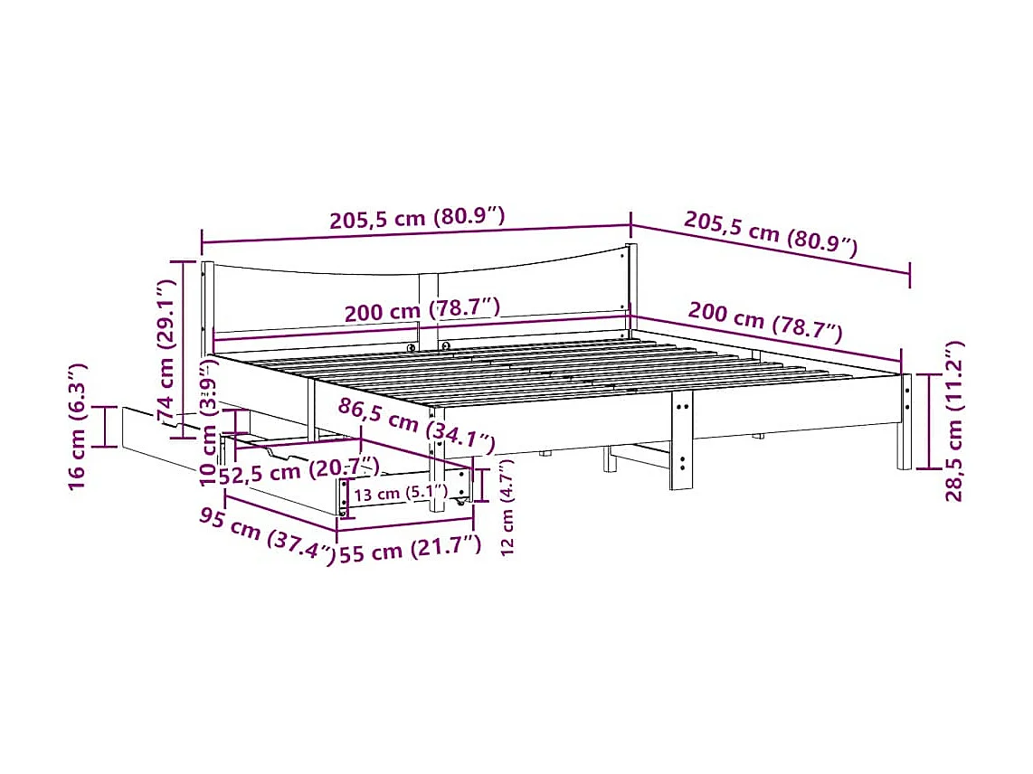 Lit double | Lit adulte | Cadre de lit avec tiroirs 200x200 cm bois massif de pin
