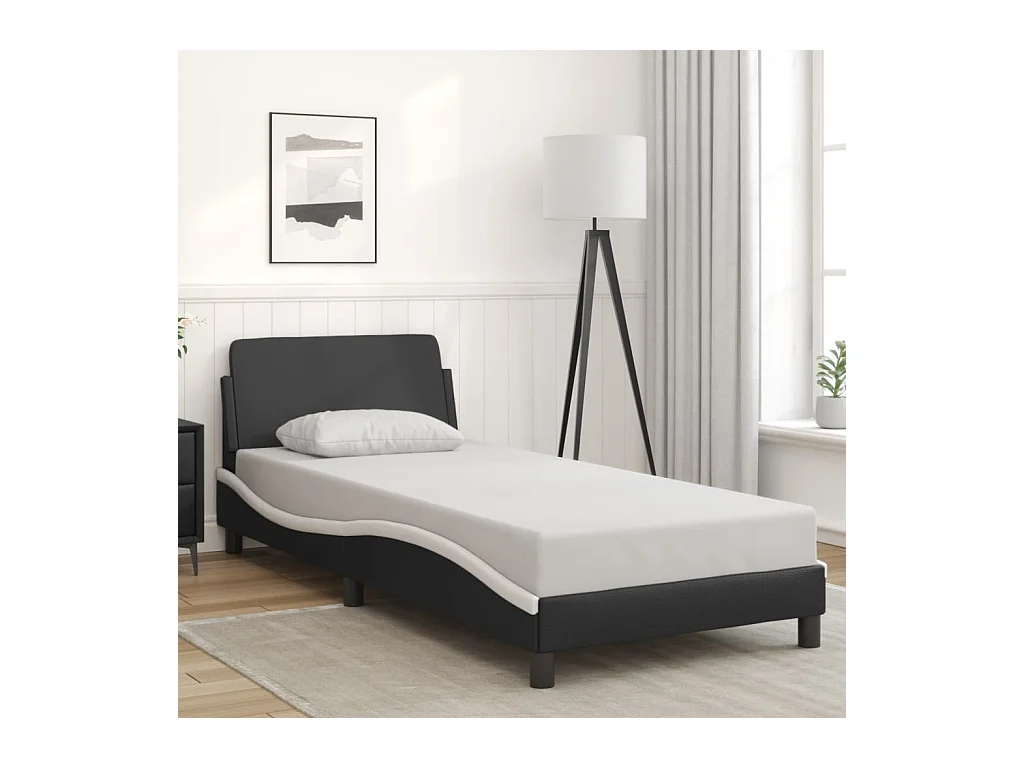 Lit simple | Lit adulte, enfant | Cadre de lit noir et blanc 90x190 cm similicuir