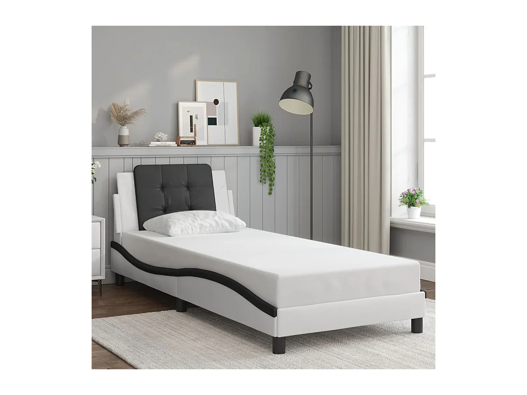 Lit simple | Lit adulte, enfant | Cadre de lit blanc et noir 90x190 cm similicuir