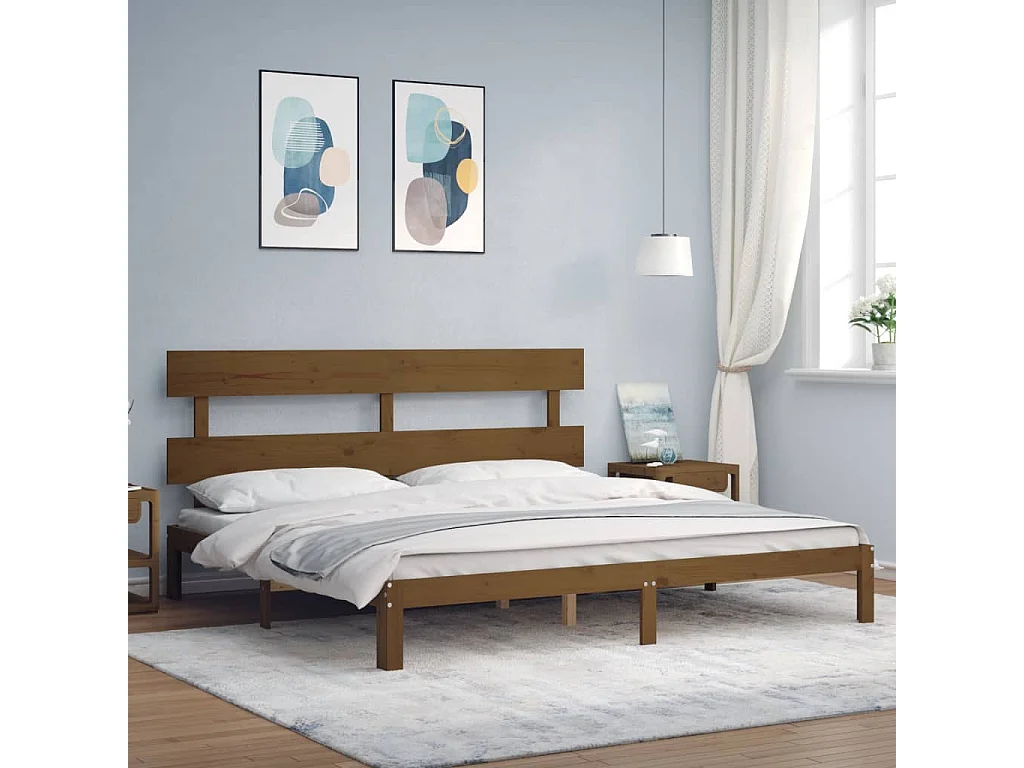 Lit double | Lit adulte | Cadre de lit marron miel 200x200cm bois pin massif