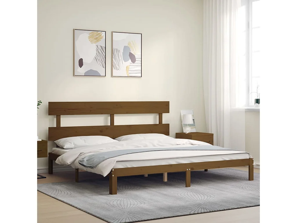 Lit double | Lit adulte | Cadre de lit marron miel 200x200cm bois pin massif