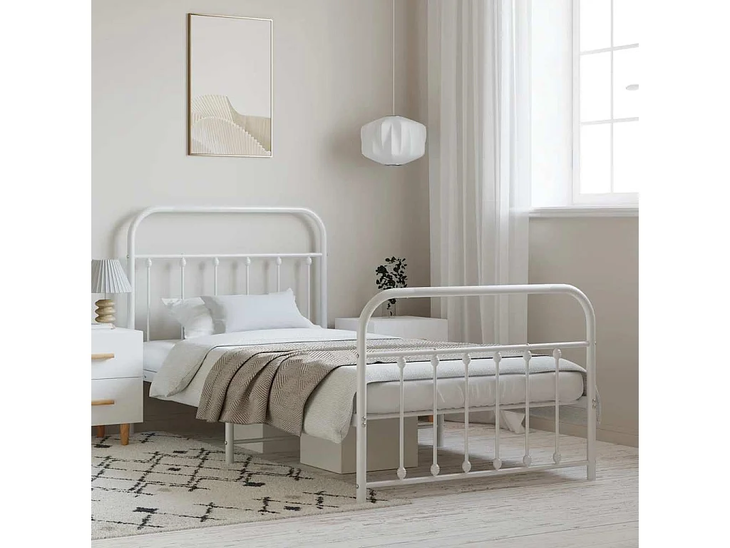 Lit simple | Lit adulte, enfant | Cadre de lit métal et pied de lit blanc 100x190 cm