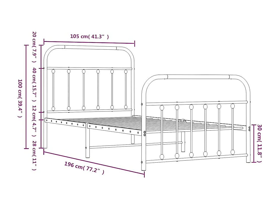 Lit simple | Lit adulte, enfant | Cadre de lit métal et pied de lit blanc 100x190 cm