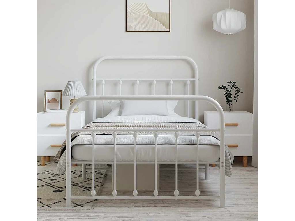 Lit simple | Lit adulte, enfant | Cadre de lit métal et pied de lit blanc 100x190 cm