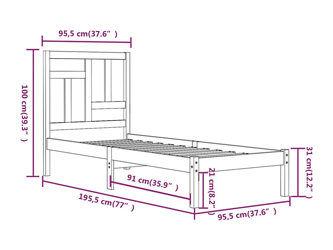 Lit simple | Lit adulte, enfant | Cadre de lit 90x190 cm bois de pin massif