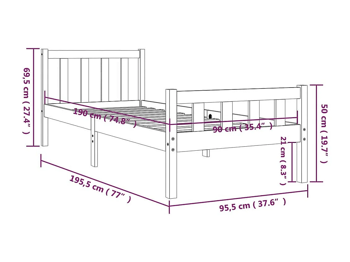 Lit simple | Lit adulte, enfant | Cadre de lit bois massif 90x190 cm