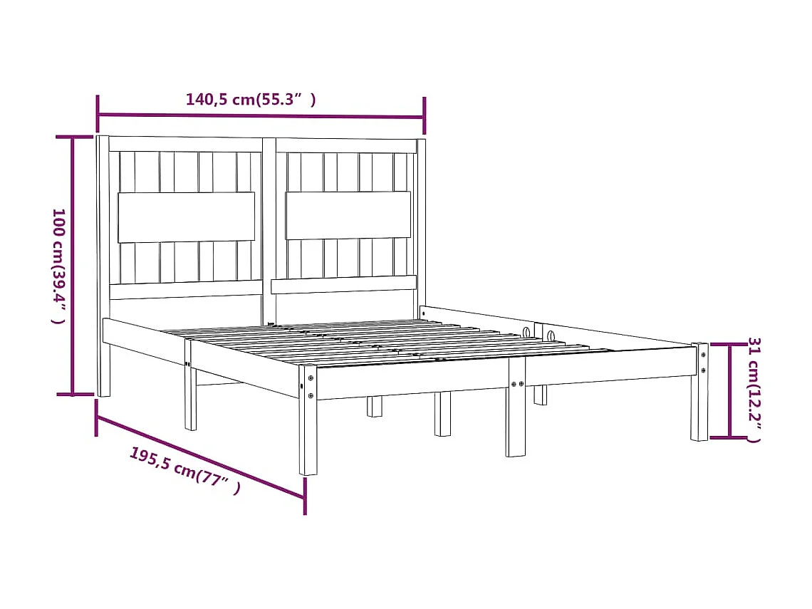 Lit double | Lit adulte | Cadre de lit bois massif 135x190 cm