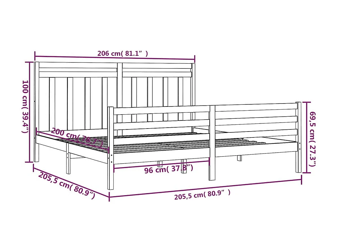 Bedframe | Tweepersoonsbed massief hout grijs 200x200 cm