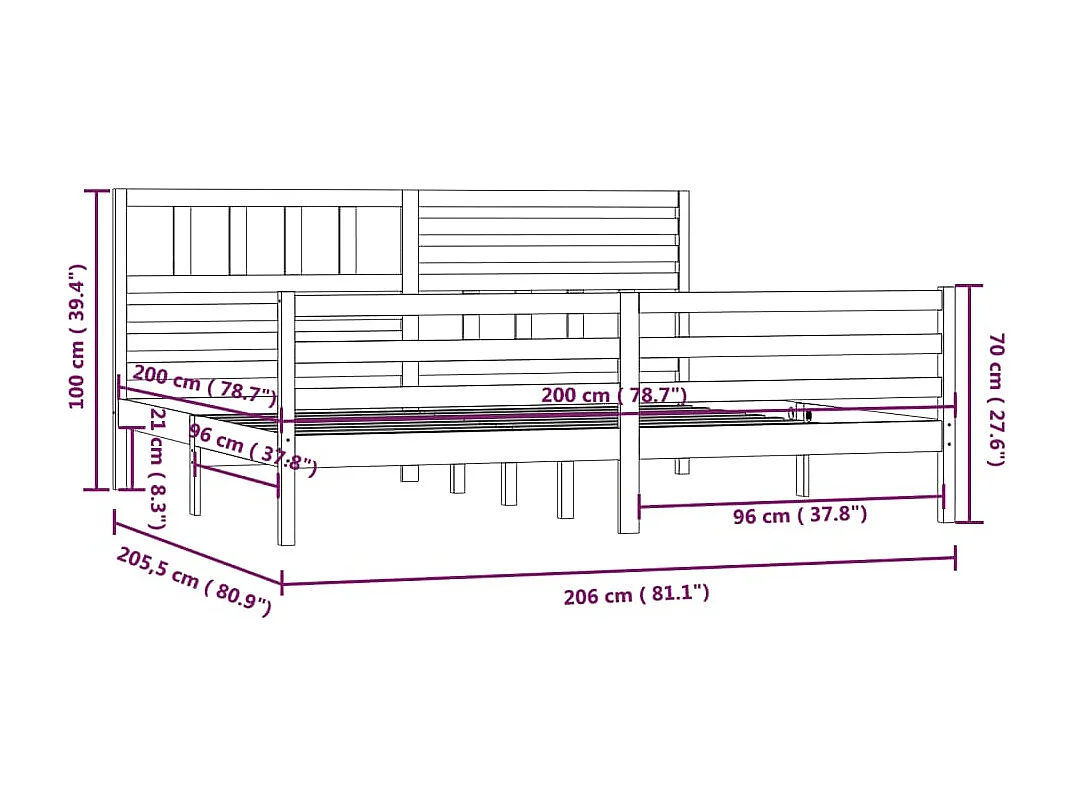 Lit double | Lit adulte | Cadre de lit blanc bois massif 200x200 cm