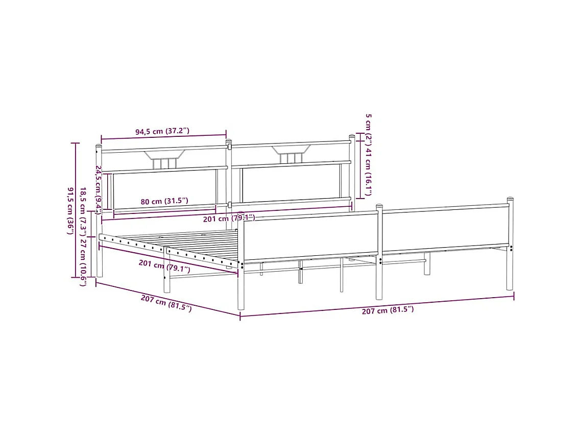 Letto per adulti | Letto matrimoniale | Giroletto senza Materaso in Metallo Rovere Sonoma 200x200 cm