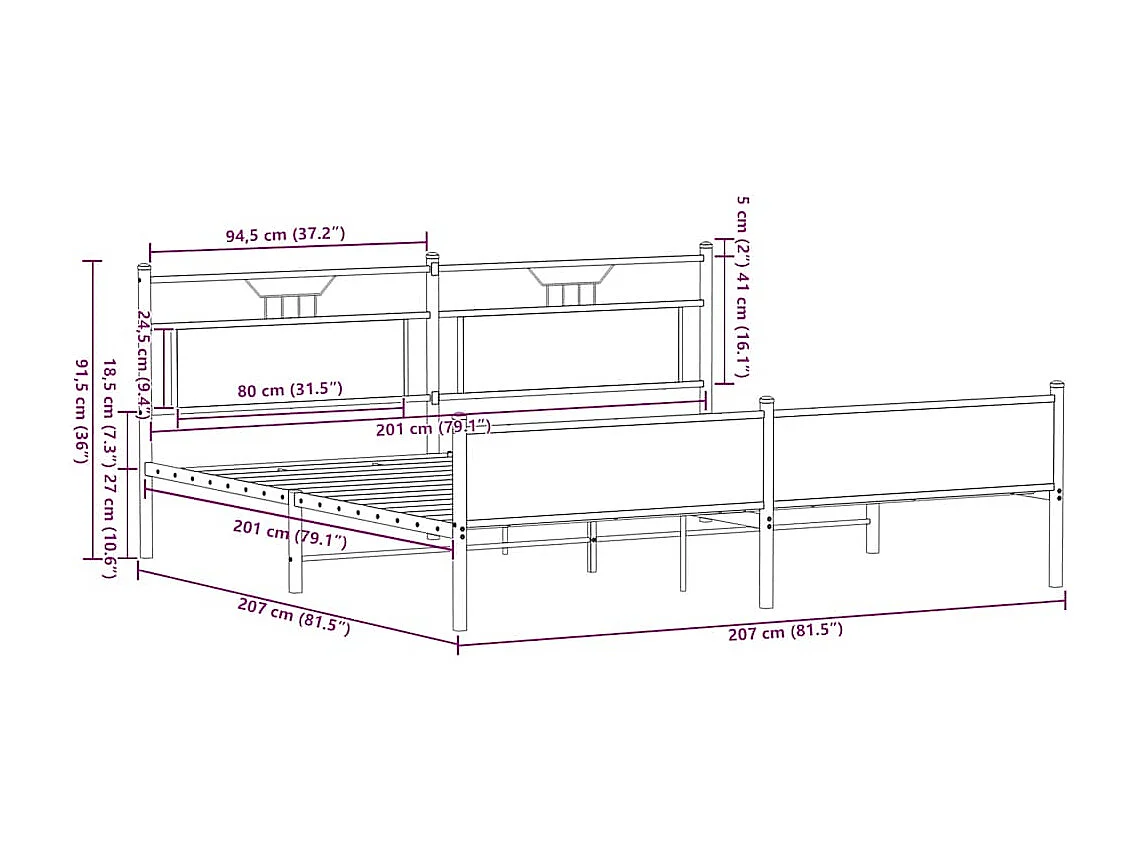 Lit double | Lit adulte | Cadre de lit en métal chêne sonoma 200x200 cm