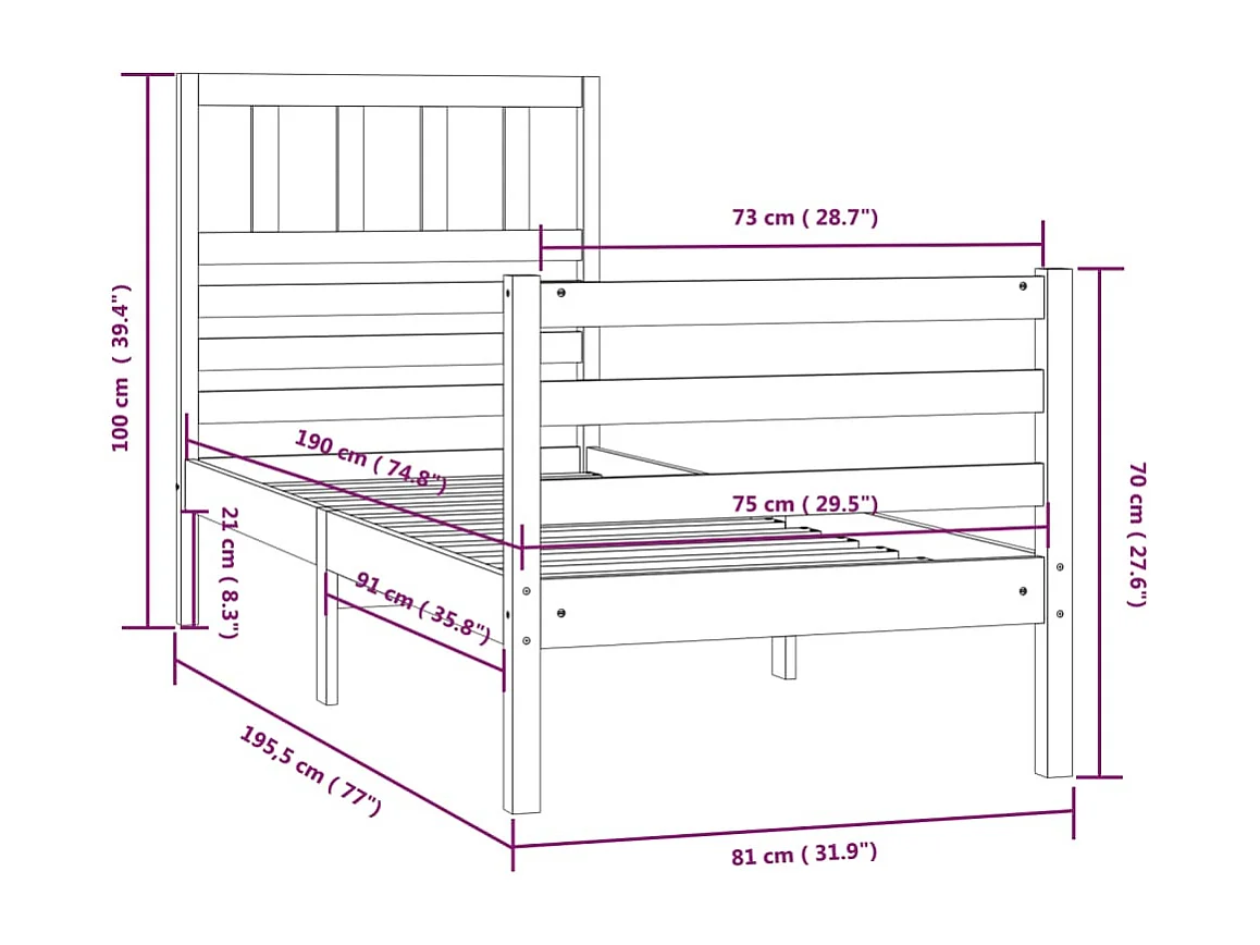 Lit simple | Lit adulte, enfant | Cadre de lit blanc 75x190 cm bois massif