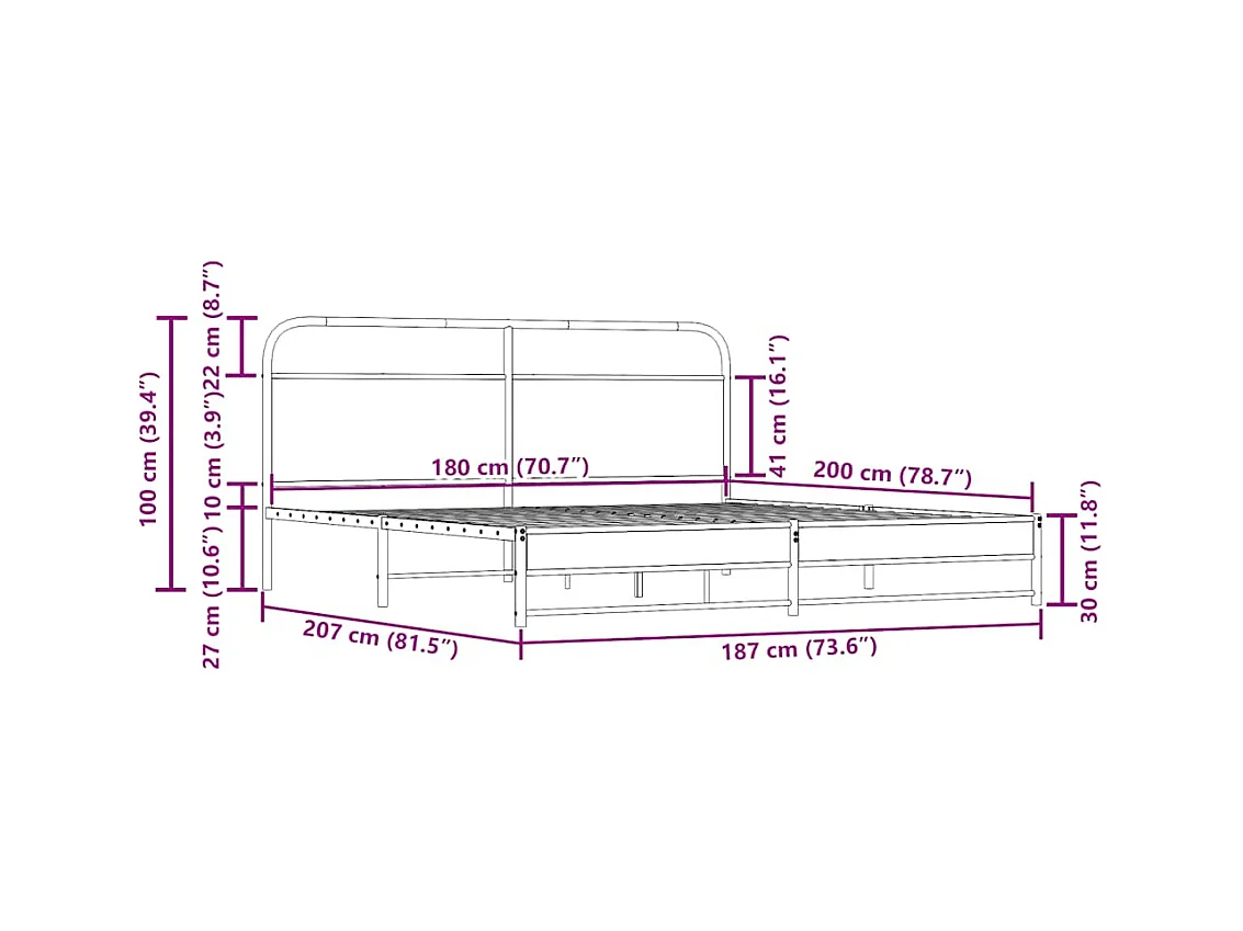 Letto per adulti | Letto matrimoniale | Giroletto senza Materaso in Metallo Rovere Fumo 180x200 cm