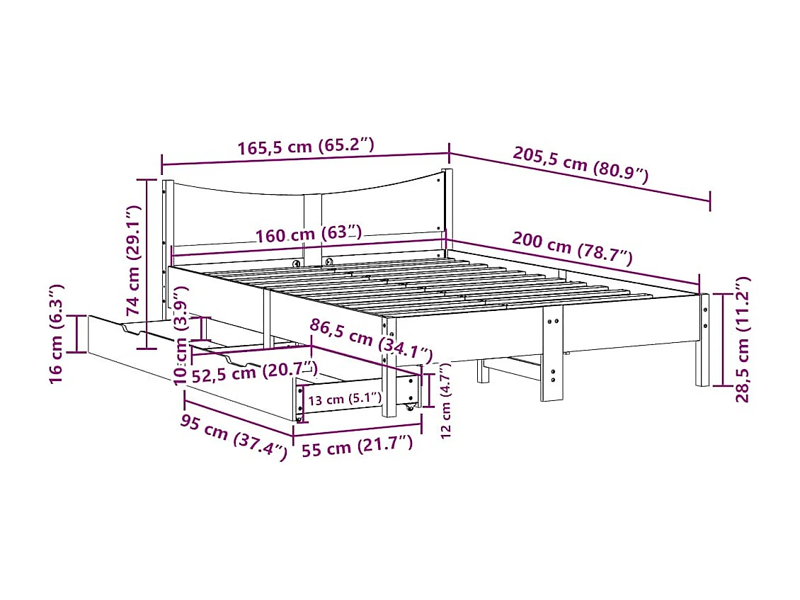 Lit double | Lit adulte | Cadre de lit avec tiroirs 160x200 cm bois massif de pin