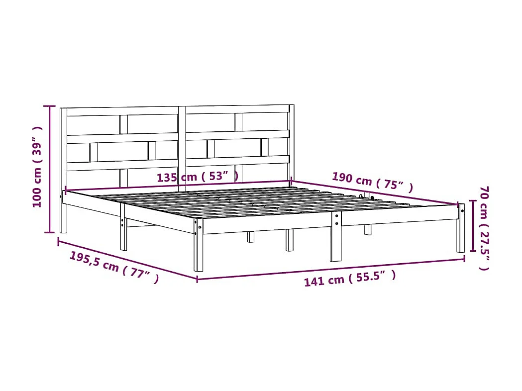 Lit double | Lit adulte | Cadre de lit noir bois massif 135x190 cm