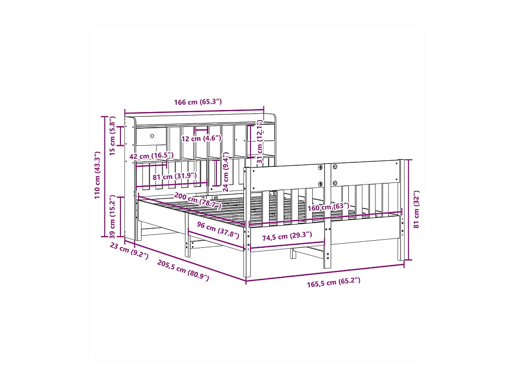Letto per adulti | Letto matrimoniale | Giroletto senza Materasso 160x200 cm in Legno Massello di Pino
