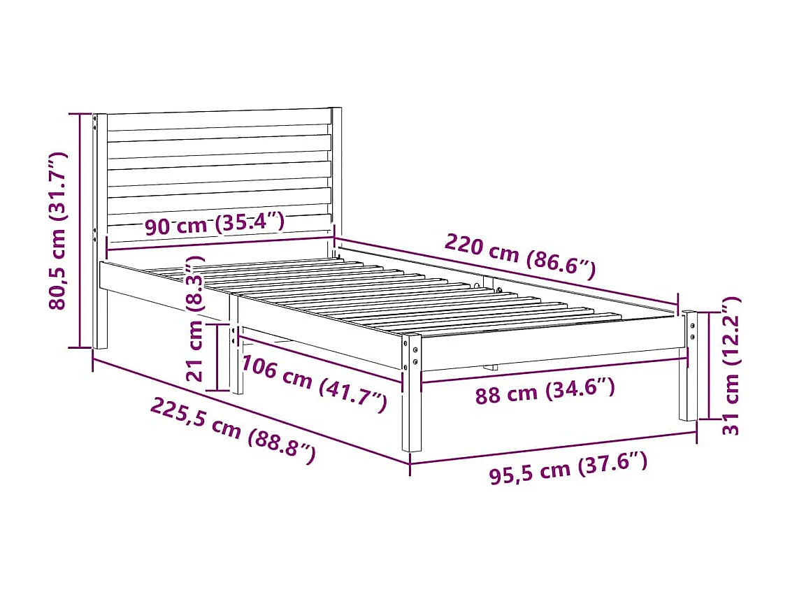 Lit simple | Lit adulte, enfant | Cadre de lit Blanc 90x220 cm Bois massif en pin