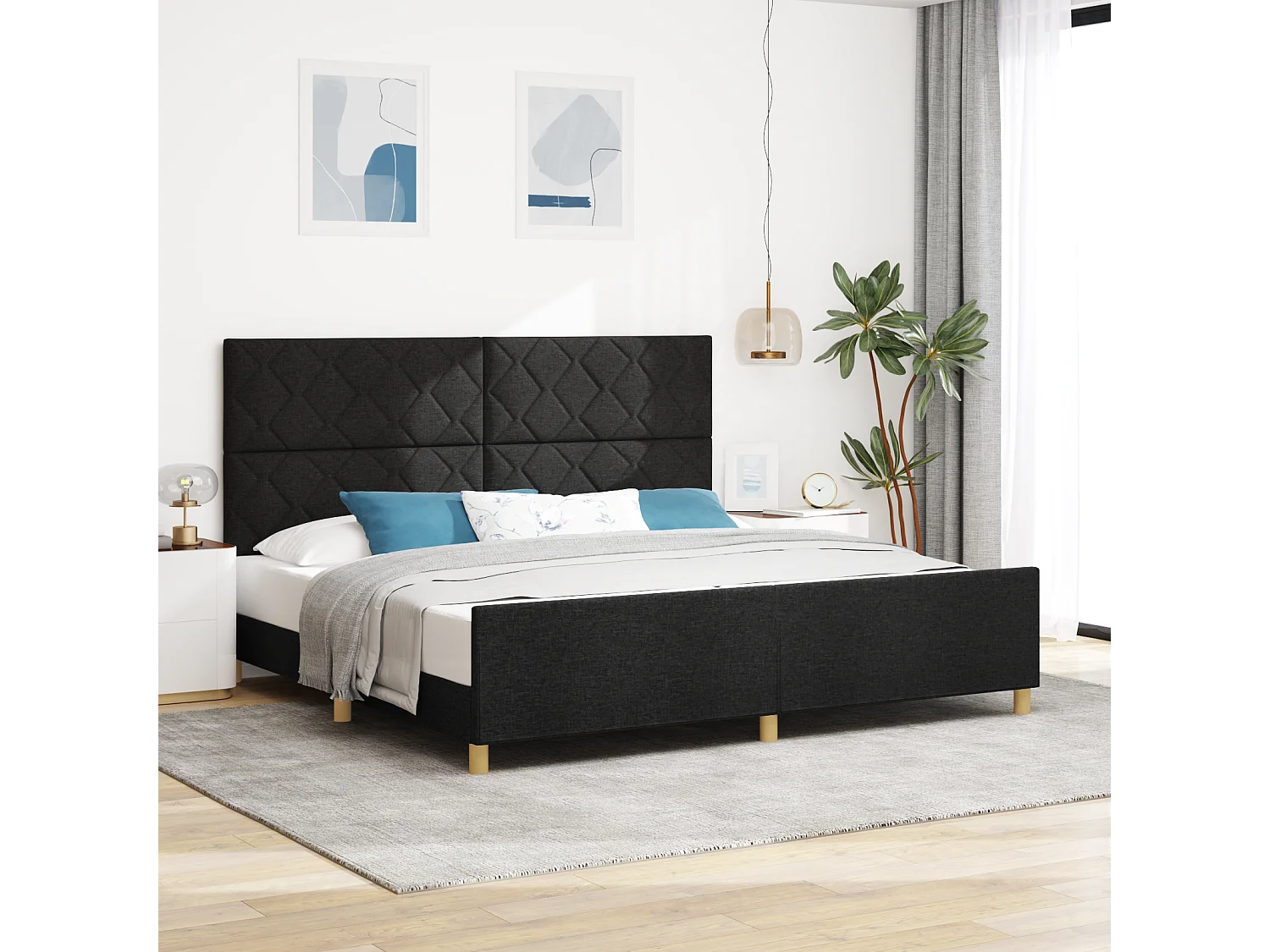 Lit double | Lit adulte | Cadre de lit avec tête de lit Noir 200x200 cm tissu