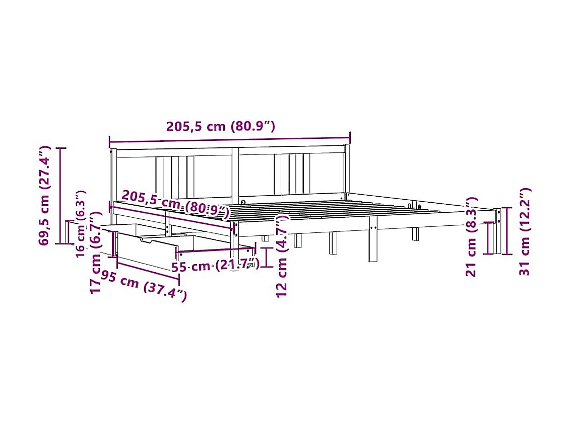 Lit double | Lit adulte | Cadre de lit 200x200 cm bois massif de pin