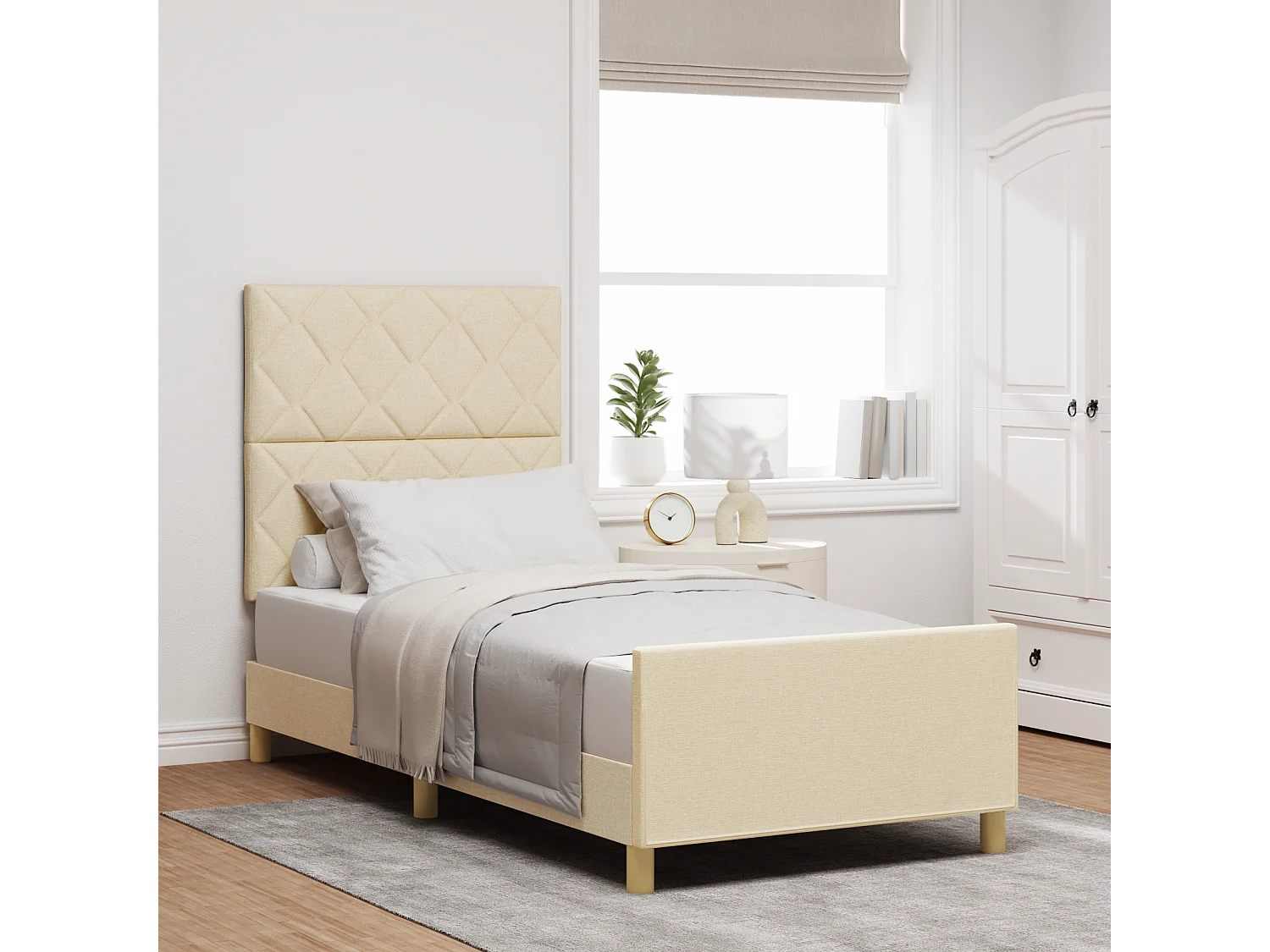 Lit simple | Lit adulte, enfant | Cadre de lit avec tête de lit Crème 100x200 cm tissu