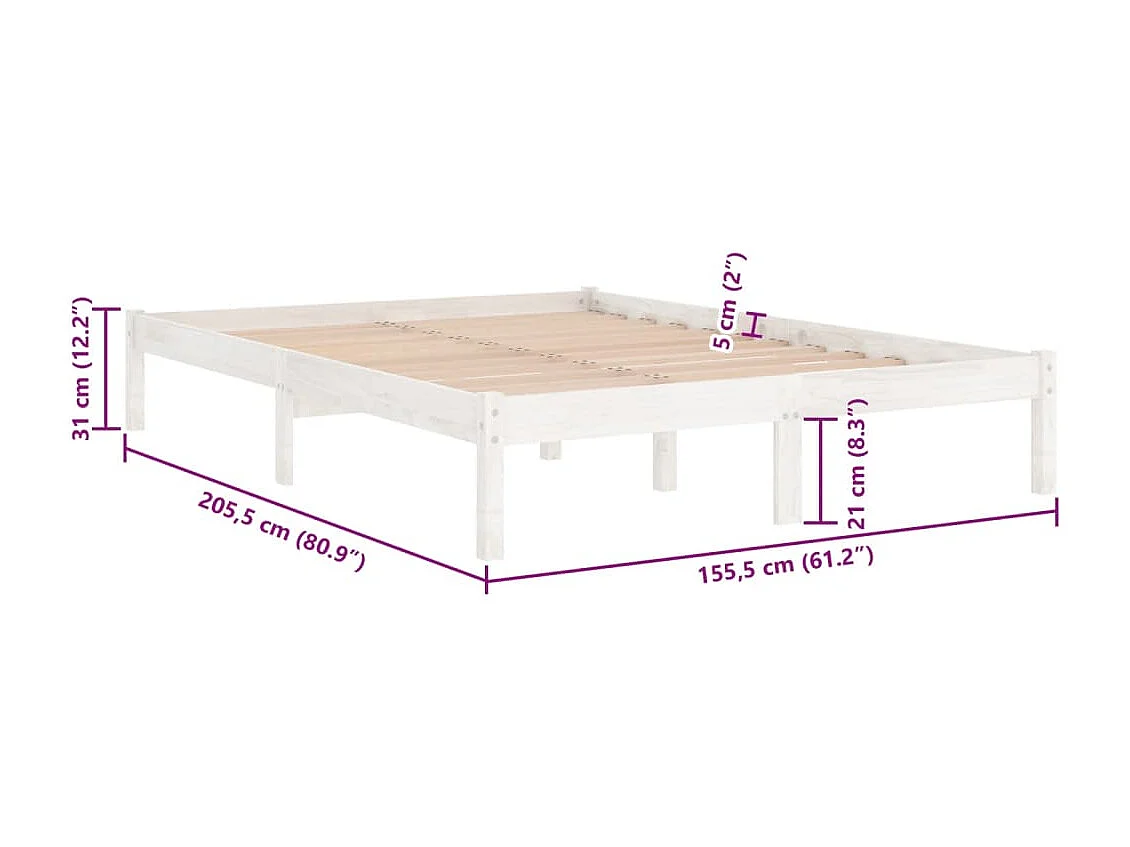 Lit double | Lit adulte | Cadre de lit blanc bois de pin massif 150x200 cm