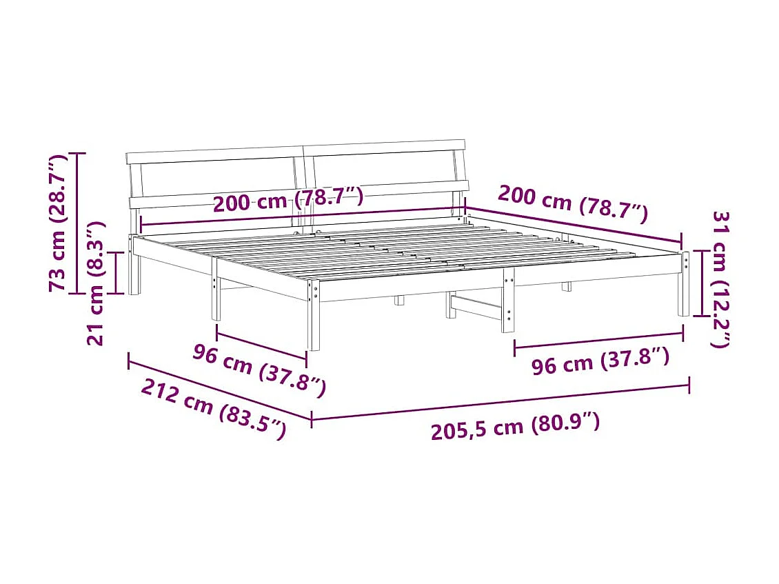 Lit double | Lit adulte | Cadre de lit Blanc 200x200 cm Bois massif en pin