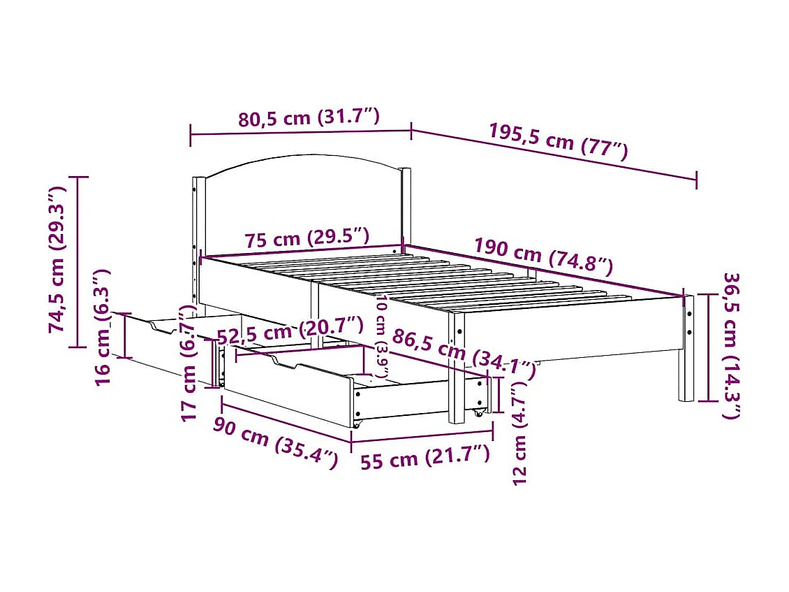 Lit simple | Lit adulte, enfant | Cadre de lit blanc 75x190 cm bois de pin massif