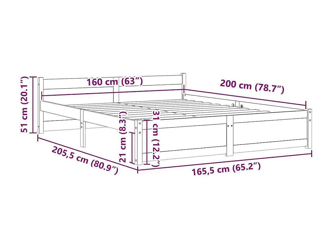 Lit double | Lit adulte | Cadre de lit blanc bois massif 160x200 cm