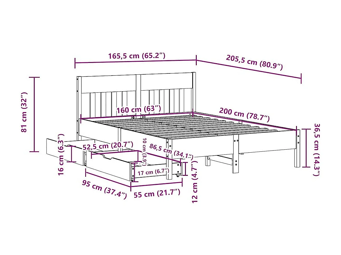 Lit double | Lit adulte | Cadre de lit 160x200 cm bois massif de pin