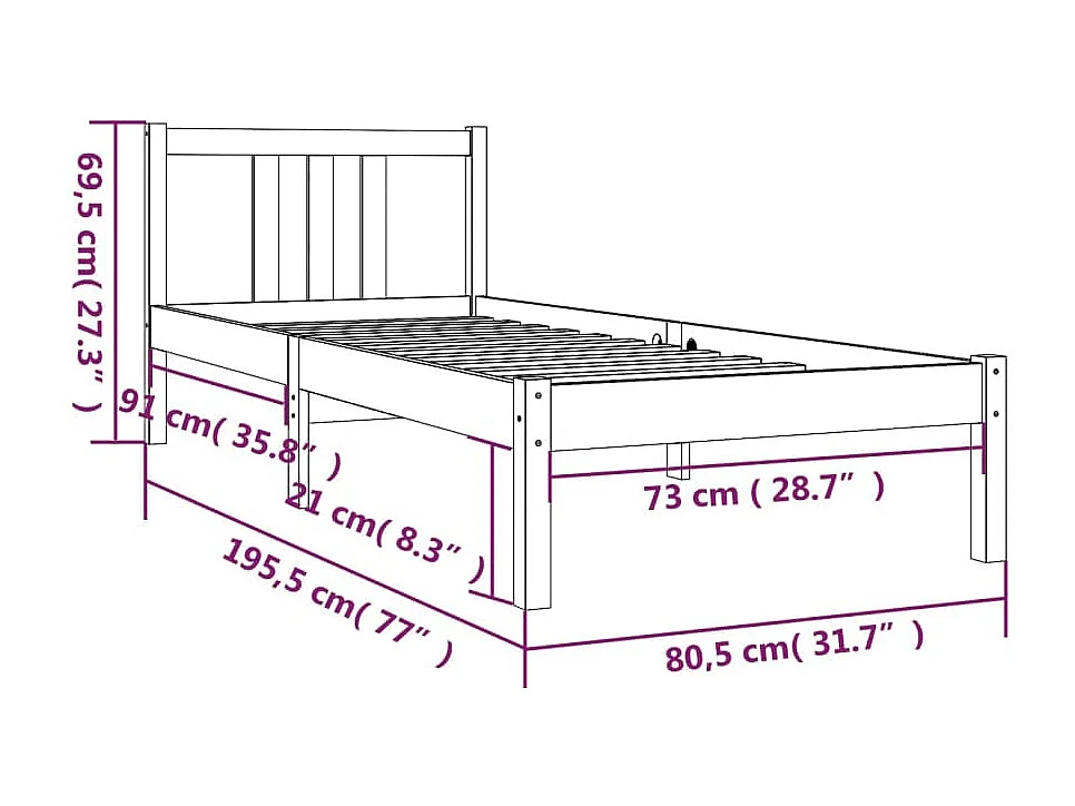 Letto per adulti | Letto singolo | Giroletto in Legno Massello 75x190 cm Small Single