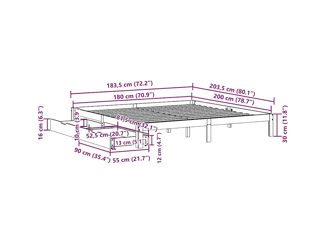 Letto per adulti | Letto matrimoniale | Giroletto con Cassetti Bianco 180x200 cm Legno Massello di Pino