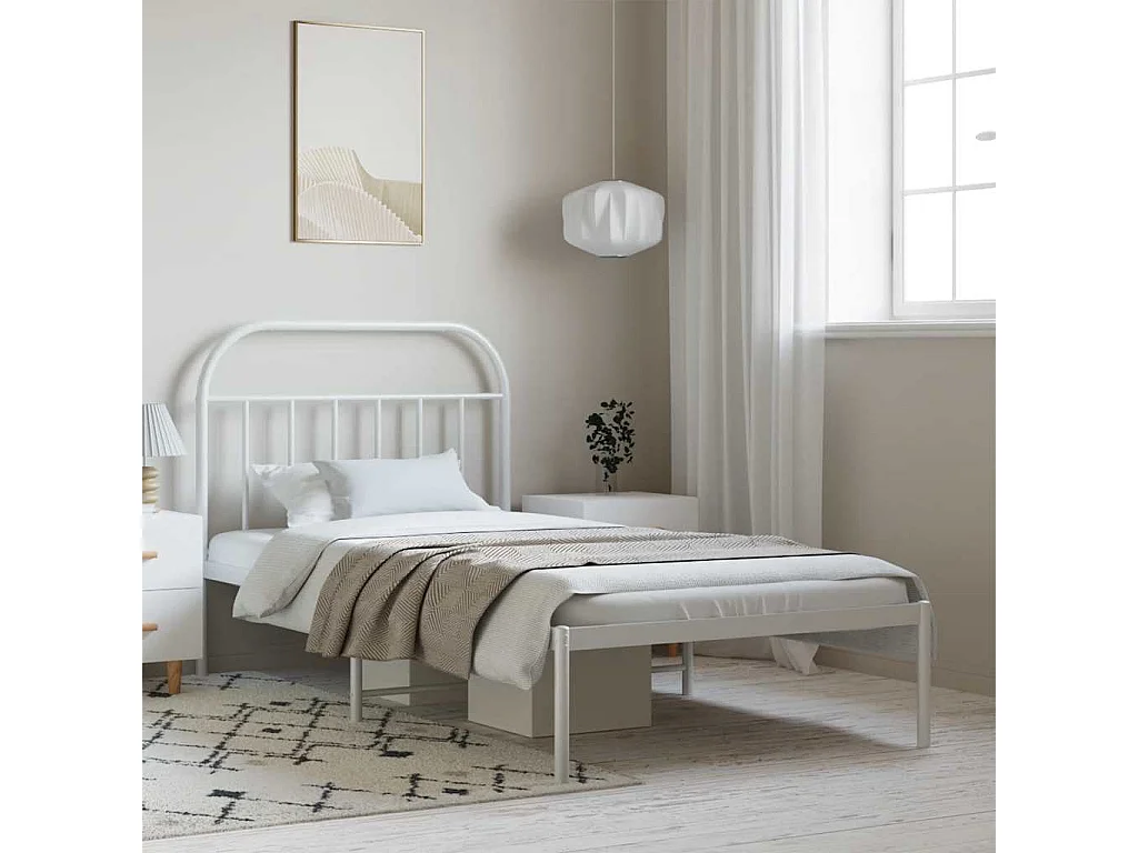 Lit simple | Lit adulte, enfant | Cadre de lit métal et tête de lit blanc 100x200 cm
